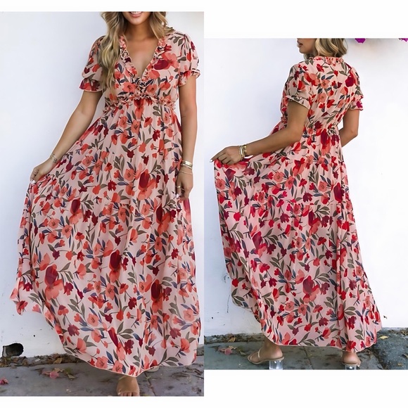 Dresses & Skirts - Lg Floral Ruffle V-Neck Maxi Dress in Blush Red